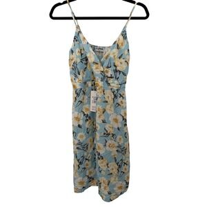 Yuna Floral Mini Sun Dress Light‎ Blue Yellow Surplice V-Neck NWT S/M Summer